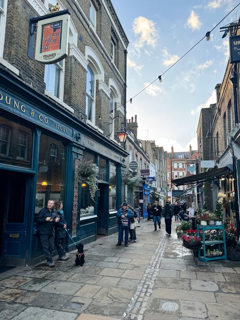 A narrow street in West Hampstead lined with traditional brick buildings housing shops and cafes. The foreground features a small group of people, some standing outside a blue-painted pub or restaurant, with one person holding a dog on a leash. The pavement is paved with large stone slabs, and there are decorative hanging lights strung overhead. To the right, a small display of potted plants and flowers extends from a shopfront. The background shows other storefronts and pedestrians walking along the street, with a partly cloudy sky overhead, suggesting daylight. Although not directly related to rubbish removal, the scene provides a street view where private waste management services, such as independent collection or on-site clearance, may take place, supported by the local environment and urban setting. This scene reflects typical urban streetscapes where waste management companies like Waste Removal West Hampstead could facilitate commercial rubbish removal from shops and small businesses in the area.