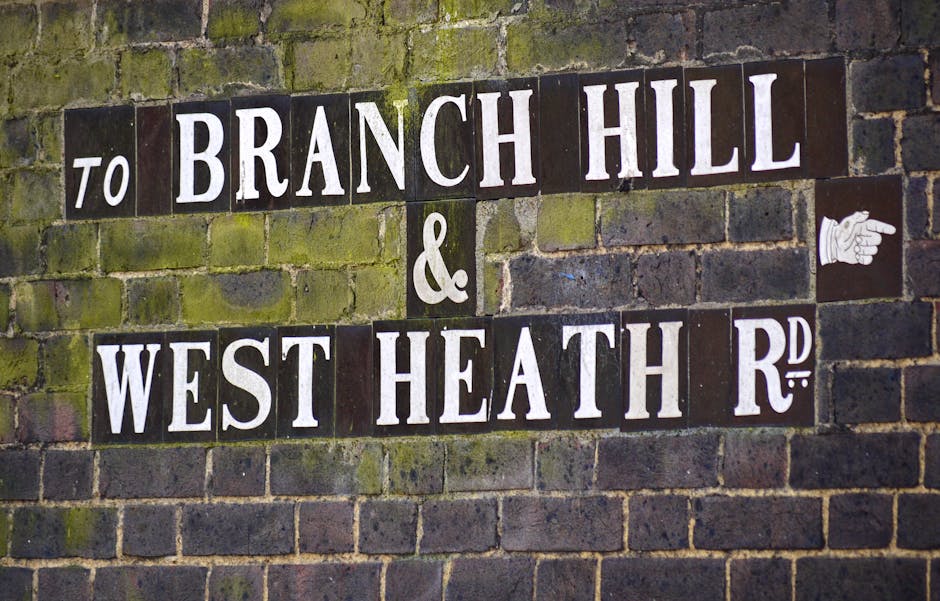 A close-up view of a weathered brick wall with a street sign mounted on it, displaying the names 'Branch Hill' and 'West Heath Rd' in white capital letters on dark background tiles. The sign is assembled from individual rectangular tiles, some of which have a slightly rough texture. The wall behind the sign shows moss and lichen growth, indicating exposure to the elements, with varying shades of green, gray, and brown. To the right of the sign, there is a small, white, painted hand pointing right, which is slightly faded. The lighting appears natural, casting soft shadows and highlighting the textured surface of the bricks and the sign. The overall scene suggests a quiet residential or district area, often associated with street signage in urban or suburban environments. The image relates to waste removal services as part of the broader context of maintaining clean and accessible streets, although no waste objects or removal activity are visible in this particular scene, emphasizing the importance of access awareness for such services.